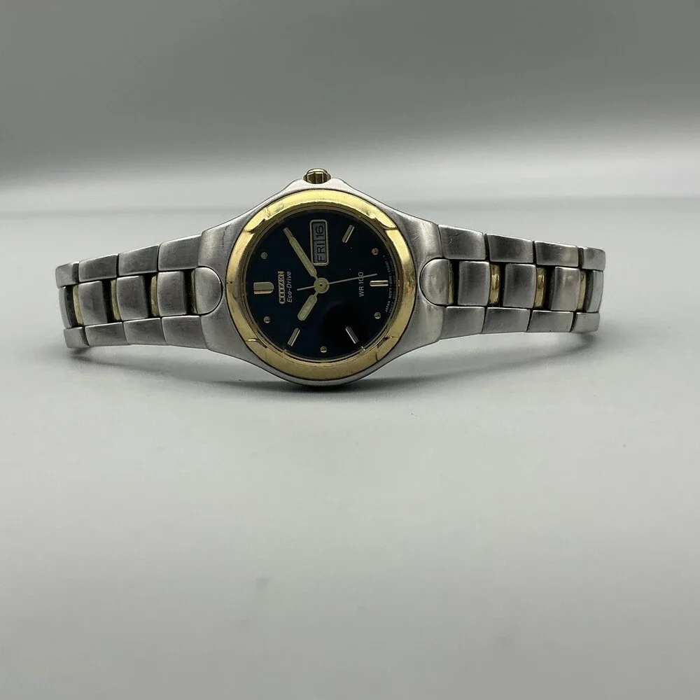 Citizen Eco-Drive WR 100 Womens Watch 25mm Black Dial Silver Gold Two Tone 6.75